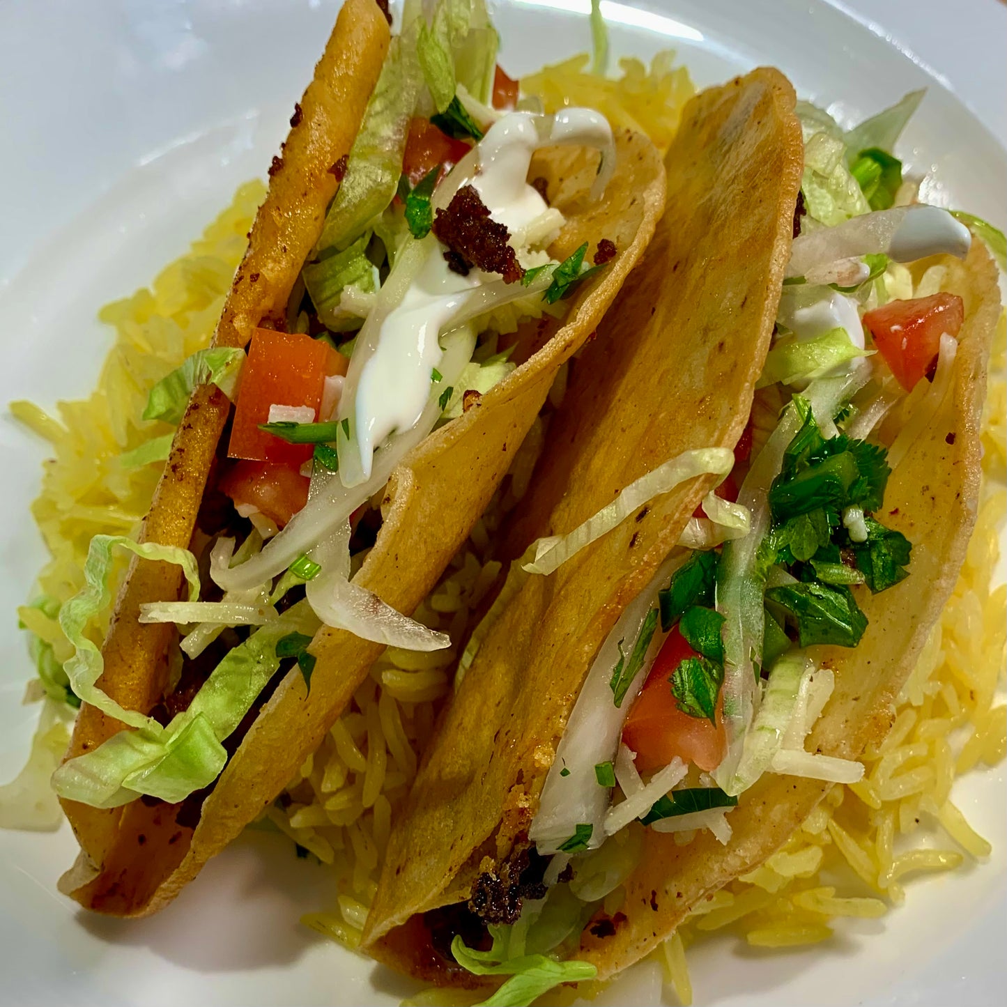 Crispy Tacos Dorados + Onion Salsa + Spiced Rice