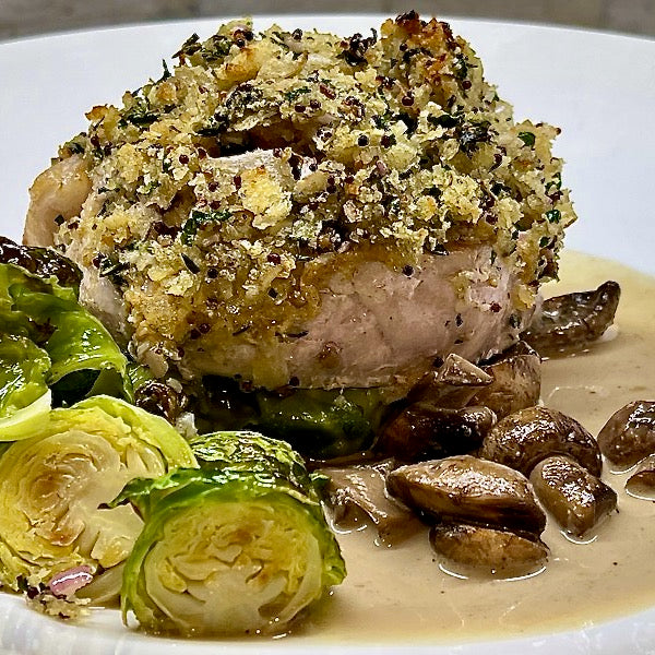 Thick-Cut Pork Chops with Buttery Mustard Stuffing & Mushroom Pan Sauce