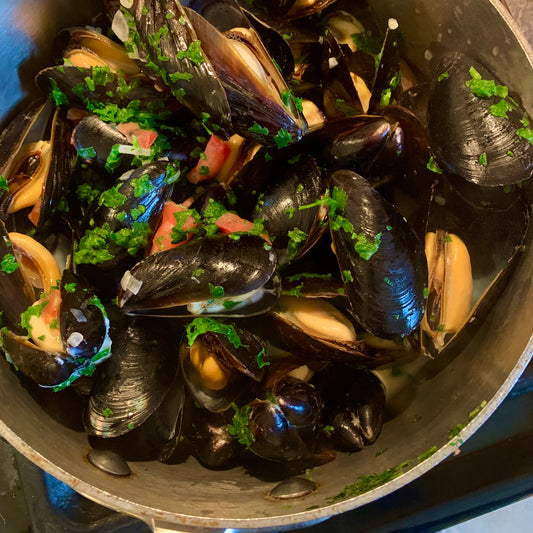 Mussels Two Ways: Classic Moules Marinieres and Thai Coconut Broth.